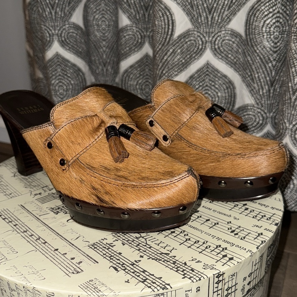 Stuart Weitzman Pony Hair Tassel Heeled Mules SZ 7.5 - Picture 5 of 11